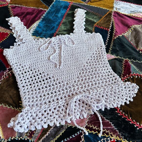 Vintage 60s Lilac Hand Knit Crochet Sweetheart Peplum Coquette Tank Top XS - Picture 4 of 5